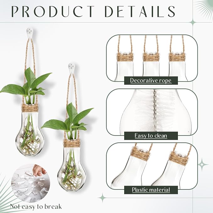 Baderke 9 Sets Window Propagation Stations 3.9 Inch Plastic Hanging Plant Propagation Vases with Hooks & Cleaning Brush Clear Tubes for Plant Clippings, Home Office Decor, Gardening Gifts for Women