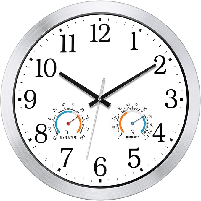 Caysie 16 Inch Indoor Outdoor Clocks Waterproof with Thermometer and Hygrometer Combo, Silent Battery Operated Quartz Metal Wall Clock for Patio Pool Bathroom Home (White)