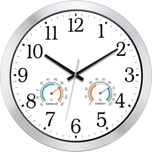 Caysie 16 Inch Indoor Outdoor Clocks Waterproof with Thermometer and Hygrometer Combo, Silent Battery Operated Quartz Metal Wall Clock for Patio Pool Bathroom Home (White)