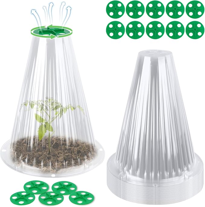 UQM 20 Pack Garden Cloches for Plants, Reusable Bell Plant Protector with Rotary Vent Cover, Garden Protection from Animals Snails Birds Chickens Insect, 9.18" H X7.56 D (Clear)
