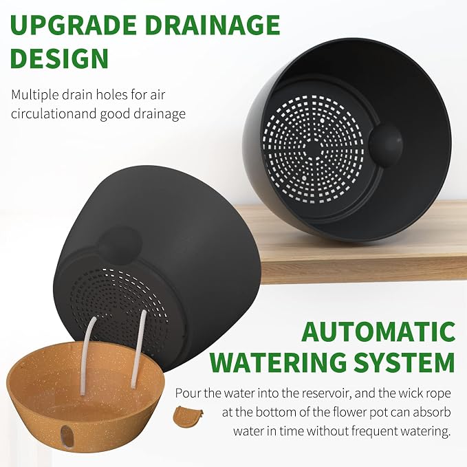12 Inch Self Watering Pot for Indoor Outdoor Plants, Large Plastic Planter with Visual Water Window, Drainage Holes & Watering Lip, Modern Decorative Flower Pot (Black)