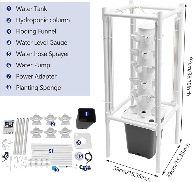 Hydroponic Tower Growing System Kits with LED Grow Lights 30 Pods Indoor Vertical Planter Germination Kit 6 Layers Hydroponic Tower for Fruits, Vegetables, Herbs, and Miniature Greens (Gray)