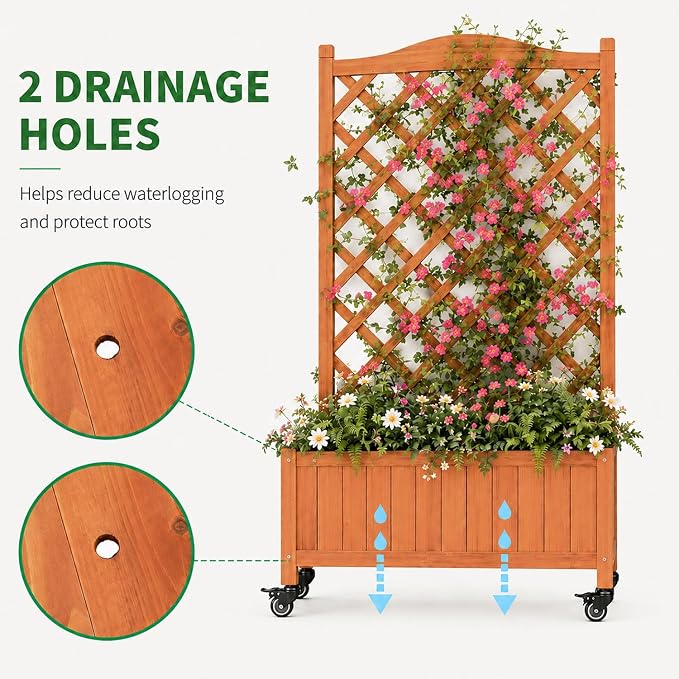 2 Pack Trellis Raised Garden Bed with Wheels, 50" Tall Wooden Planter Box with Trellis, Lattice Privacy Screen with Drainage Holes for Patio Balcony Garden