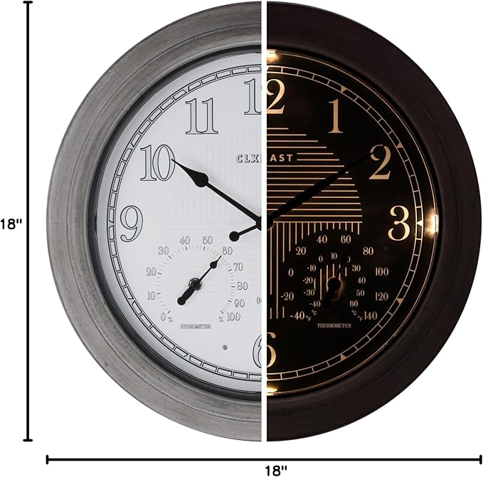 CLXEAST 18 Inch Farmhouse Illuminated Outdoor Atomic Wall Clock with Thermometer & Hygrometer Combo, Night Lighted Wall Clock with Smart Sensor,Brushed Grey Oak Finish