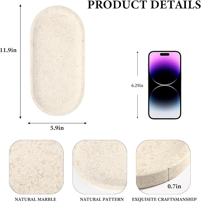 Koville Marble Vanity Tray for Decor, Natural Bathroom Tray for Bathroom Countertop, Stone Decorative Trays for Dresser Organizer, Storage Trays for Perfume, Jewelry Holder(Beige Yellow)