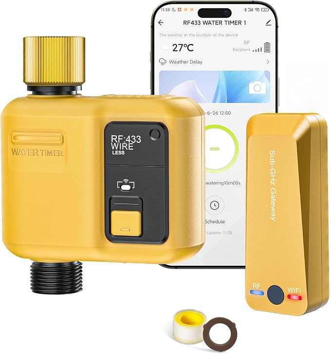 WiFi Water Timer 1 Zone for Garden Hose, Smart Sprinkler Timer with 984ft RF Range, Smart Lawn Watering System Irrigation Controller, APP/Voice Control, Rain Delay, Automatic/Manual Irrigation