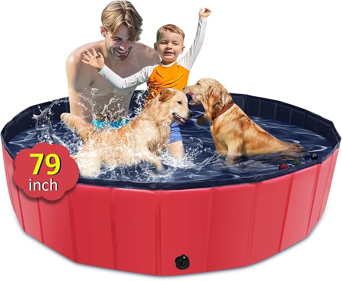 CACSPS Foldable Dog Pool, 79" x 14" Large Kiddie Pool with Hard Plastic, Non-Slip Dog Bath Tub for Outdoor Backyard, Collapsible Dog Swimming Pool for Kids Dogs Pets (Red)