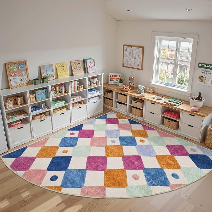 jinchan Corner Rug Washable Kids Rug Colorful Classroom Play Mat Berries | 8ft Radius, Soft, Non-Slip, Cute, Kid-Friendly, Checkered Diamond, Quarter Circle, Reading Nook, Nursery, Playroom, Daycare