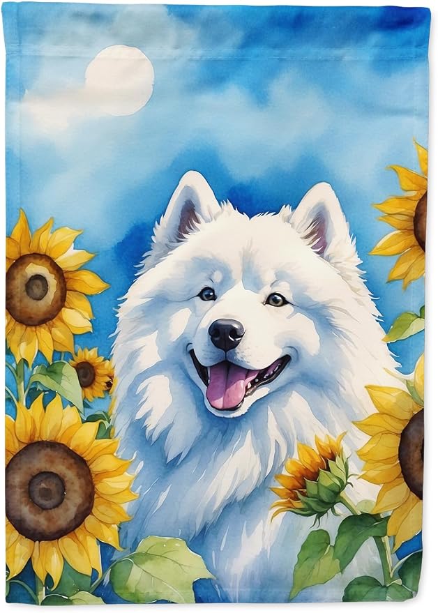 Caroline's Treasures DAC6153CHF Samoyed in Sunflowers House Flag Large Porch Sleeve Pole Decorative Outside Yard Banner Artwork Wall Hanging, Polyester, House Size, Multicolor