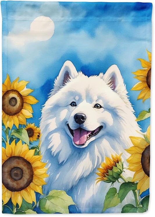 Caroline's Treasures DAC6153CHF Samoyed in Sunflowers House Flag Large Porch Sleeve Pole Decorative Outside Yard Banner Artwork Wall Hanging, Polyester, House Size, Multicolor