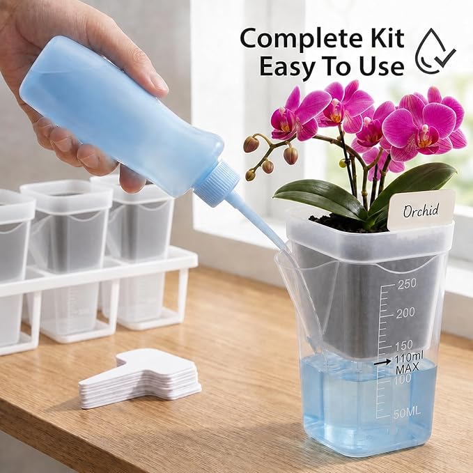 10 Pack 2.5" Self Watering Pots for Indoor Plants with Anti-Tip Tray & Reservoir Refill Bottle, Seed Starter Kit for Seedlings, Cuttings, Succulents, Herbs, 10 Plant Labels (Transparent)