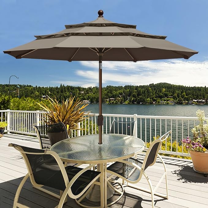 EliteShade USA 10-Year-Non-Fading 9ft 3-Tier Market Patio Umbrella, Commercial Grade Outdoor Table Umbrella with Crank Open, Windproof & UPF 50+ UV Protection, Heavy Duty Ventilation for Garden, Deck, Pool, Backyard, Beach & Bistro, Taupe