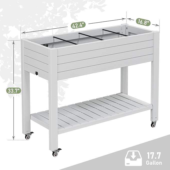Elevate 33.7" Tall Raised Garden Bed with Wheels, Divisible Resin Planter Box with Drainage Gauge & Storage Shelf, Herb Planter for Garden Patio Backyard, Ashen (33.7" h)
