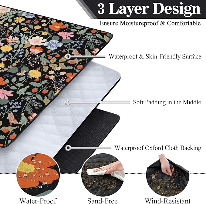 Picnic Blankets Waterproof Foldable Extra Large,80"x 80" Outdoor Beach Blanket Sandproof,3-Layer Lightweight Handy Mat Tote Picnic Camping Rugs for Outside Your Rv (Strawberry Floral)