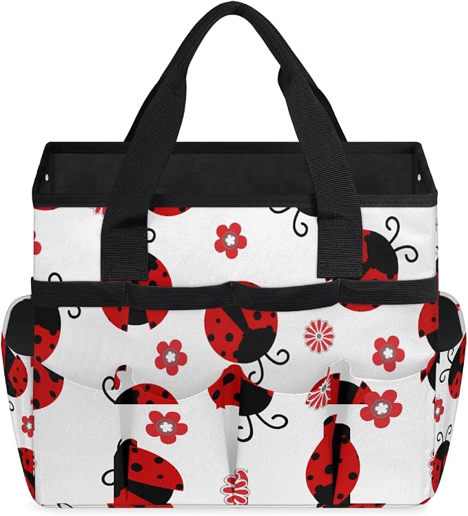 Ladybug Gardening Tool Bag,Heavy Duty Garden Tote Bag,Portable Oxford Flower Gardening Storage Basket Organizer Handbag with Pockets Handle,Hand Tools Gifts for Outdoor Garden Lawn Yard