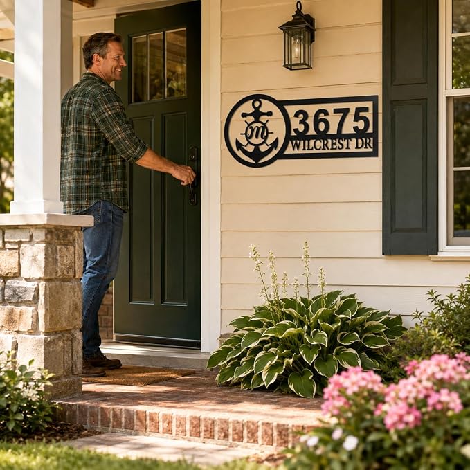 Custom Metal Address Sign Personalized House Number Plaque with Anchor Monogram Nautical Outdoor Address Marker for Front Door Porch Yard Gate Fence Wall Decor
