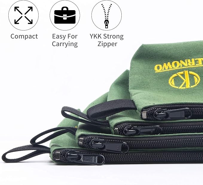 Premium Canvas Tool Pouch Zipper Bag,Small Tool Bag,Multipurpose Storage pouch(4Pack 7.5/9.5/11.5/13inch 20oz Water Resistant Heavy Duty Army Green Flat Bottom Tool bag with Dependable Zipper)