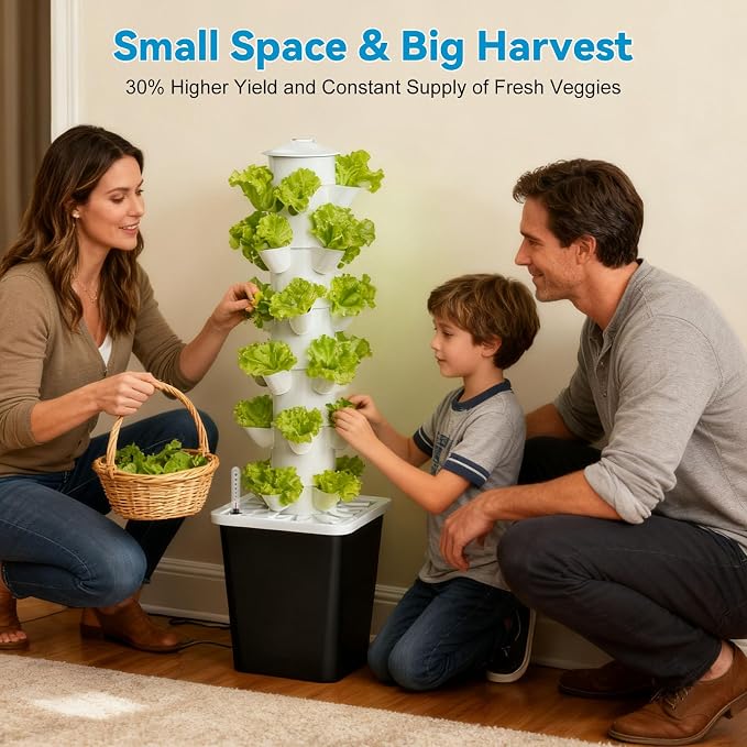 JESLED 6 Tiers Hydroponics Growing System Kits with LED Grow Lights,Tent | Dual Auto Timers Indoor Vertical Hydroponic Tower with Water Tank, Pump and Humidity Cover for Home Kitchen, Class, 30Pods