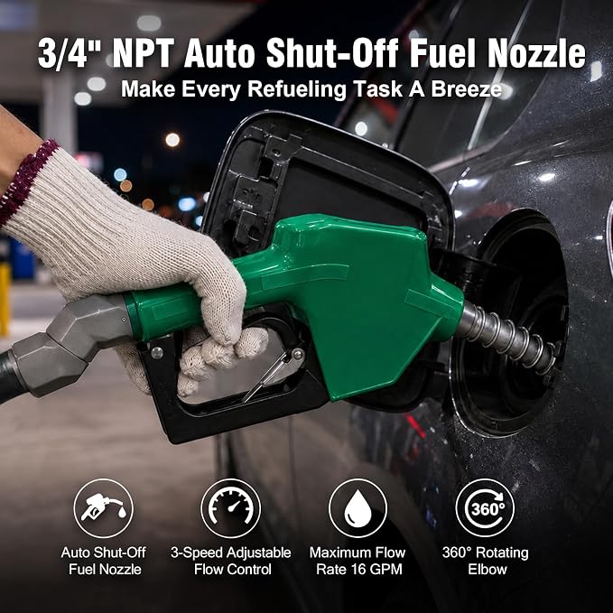 3/4" NPT Auto Shut-Off Fuel Nozzle, Gas Pump Nozzle with 3-Speed Padlock (9-16 GPM) - 360° Swivel Hose for Gasoline, Diesel, Biodiesel B20, E15 & Kerosene (GREEN)