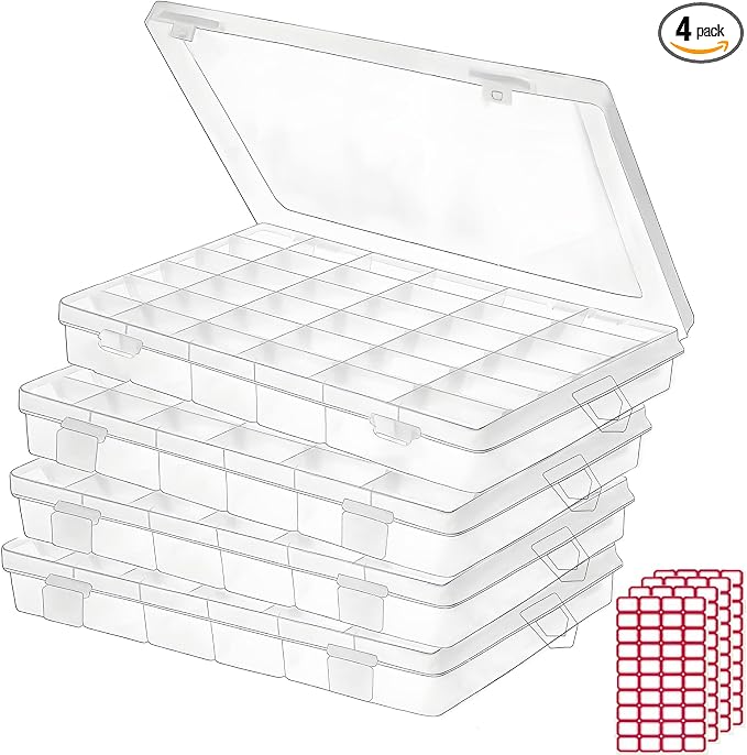 Budreu 4pack 36 Grids Plastic Clear Organizer Box Bead Storage Containers with Adjustable Dividers for Craft Jewelry Fishing Tackles Parts Storage with 4 Sheets Label Stickers