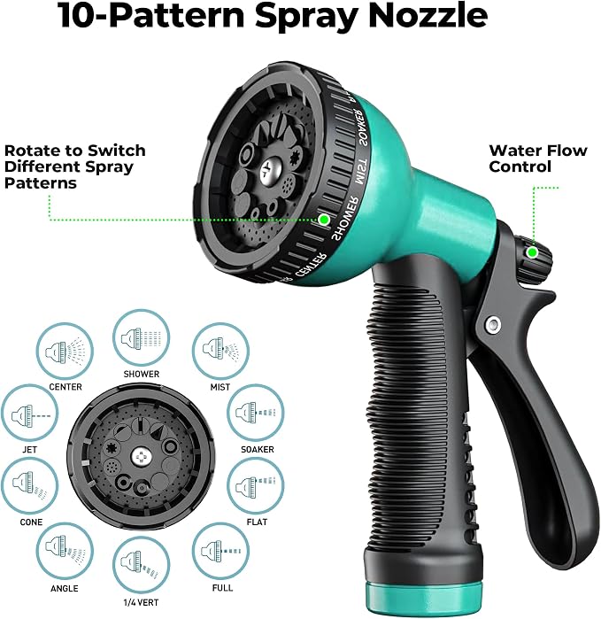 Expandable Garden Hose 50 ft with 10 Function Spray Nozzle, Flexible, Kink Free, Leak-Proof, Ultra Lightweight Retractable Stretch Water Hose 50ft for Yard, Lawn, Car Wash and Outdoor (Black Cyan)