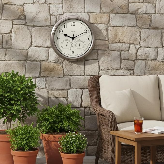 Westclox Indoor/Outdoor Wall Clock with Temperature & Humidity Gauges, Weather-Resistant, Quartz Accuracy, Battery-Powered (Silver, 12-Inch)