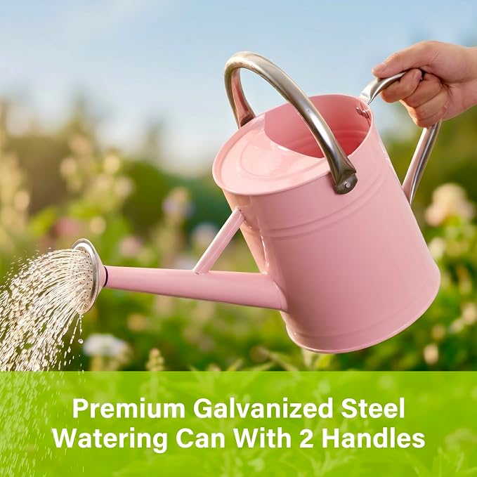Watering Can for Outdoor&Indoor Plants，1 Gallon Metal Watering Can with with Removable Spout，Galvanized Steel Garden Flower Water Can Plant Watering Pot with 2 Handles,Pink