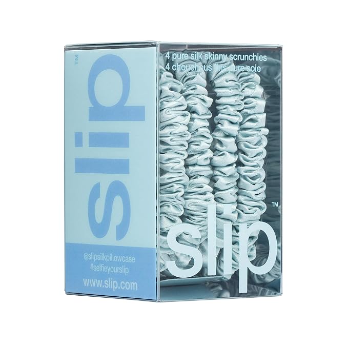 Slip Silk Hair Ties — Skinny Silk Sky Blue Scrunchies, No Damage, No Crease, Anti-Breakage |100% Mulberry Silk | All Hair Types | Made with Proprietary Slipsilk™ | Set of 4