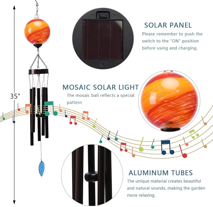 MUMTOP Solar Wind Chime for Outsides, 35" Glass Windchimes with Solar LED Lights Decorative Hanging Wind Bell for Porch Patio and Garden Decor, Orange