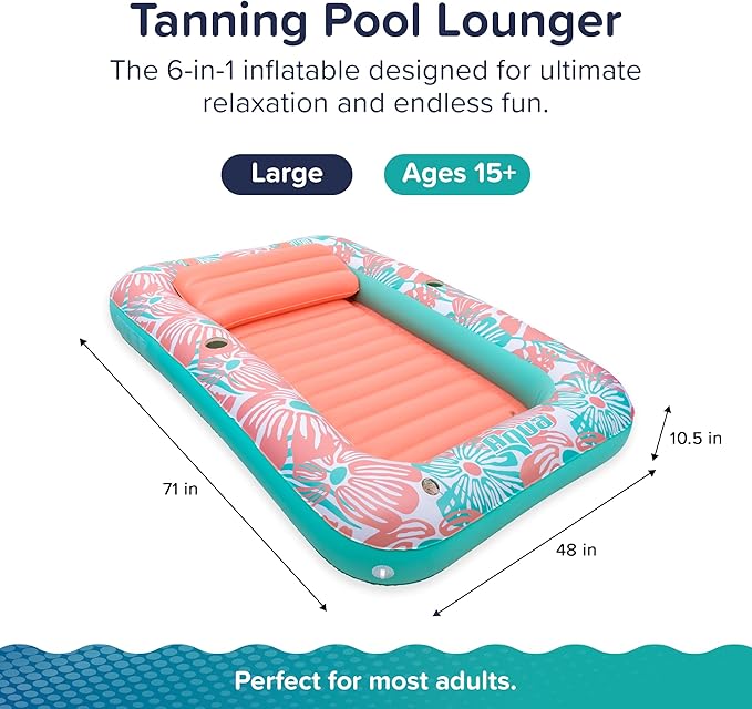 Aqua Inflatable Tanning Pool Lounger, Premium Pool Float with Cupholders and Removeable Pillow for Relaxation and Fun