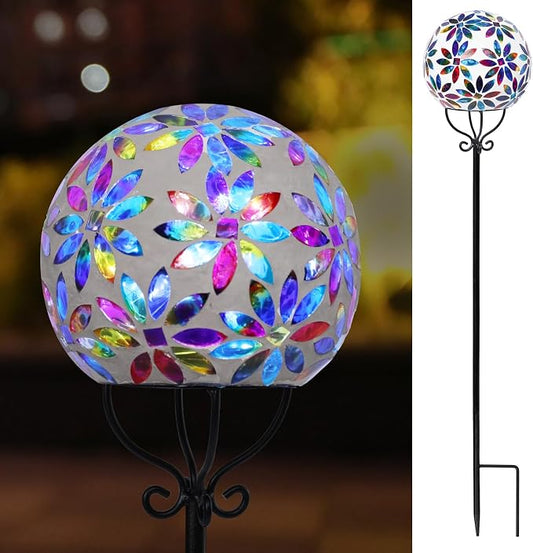 VCUTEKA Decorative Solar Garden Lights, 6" Mosaic Globe Outdoor Stake | Mosaic Glass Design, Solar LED Light, Weather Resistant, Auto On/Off and Metal Stake Design For Lawn and Patio, Multi