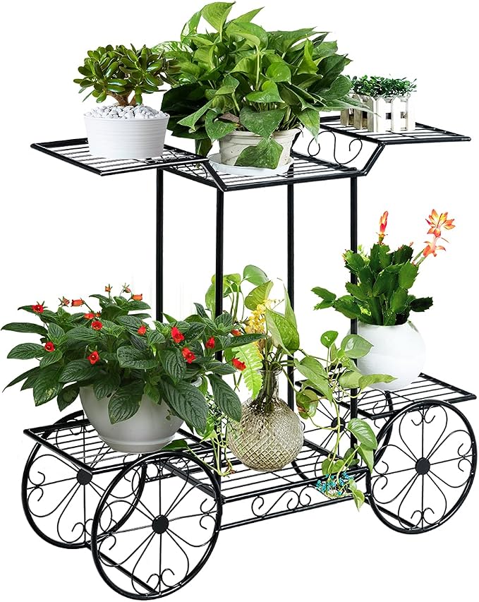 Giantex 6-Tier Plant Stand Flower Pot Holder Metal Flower Display Shelf with 4 Decorative Wheels Multilayer Parisian Style Plant Pot Holder Rack for Indoor, Garden, Patio, 32"L x 10"Wx 30"H, Black