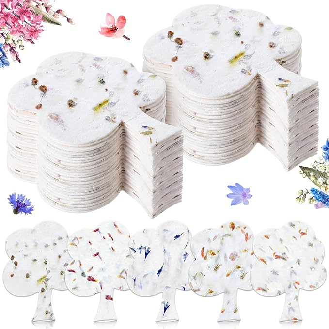 Dunzoom 50 Pcs Handmade Seed Paper Plantable Wildflower Seed Paper Recycled Flower Petals Tags Wedding Favors for Guests Craft Gifts Cards for Envelope Birthday Party, 5 Styles (Tree Shape)