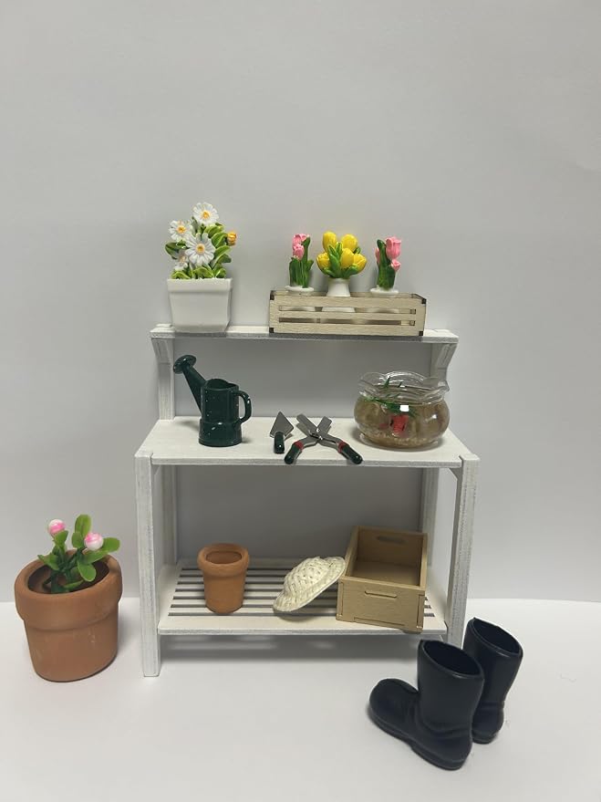 Miniature Scene Building 1:12 Scale Garden Potting Bench Set with Tools, Flowers, Pots and Fish Bowl (Potting Bench)