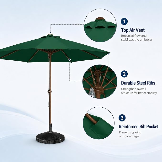 9FT Patio Umbrella, Outdoor Table Umbrella with Rope Pulley Lift, 3 Adjustable Heights, Market Umbrellas for Backyard, Pool and Deck, UPF50+