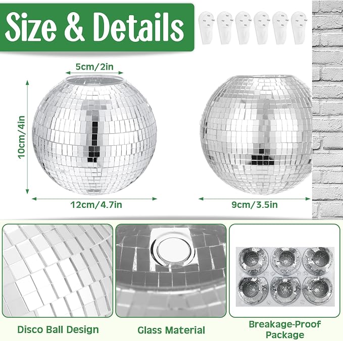 Maxcheck 2 Pcs Disco Ball Planter 4.7 Inch Mirror Disco Ball Wall Hanging Planter Glass Vase Boho Flower Pots Plant Terrariums for Indoor Outdoor Home Decorations (Silver)
