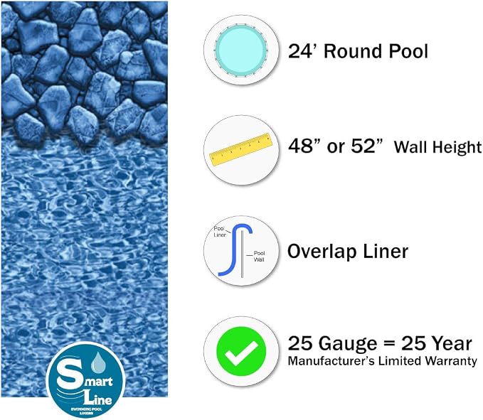 Lake Effect Pools 'Fallston' 24' Foot Round Above Ground Swimming Pool | 52" Inch Height | Boulder Swirl Overlap Liner and Widemouth Skimmer Bundle | Resin Protected Steel Sided Walls