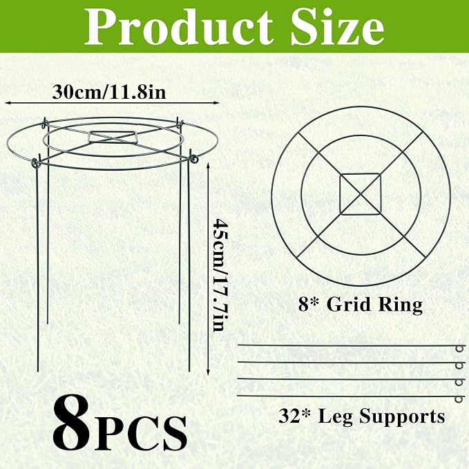Peony Cages and Supports - 8 Pack Plant Support Ring with 4 Legs 11.8" Dx17.7 H Round Potted Flower Grow Trellis Indoor Outdoor Garden Heavy Duty Metal Stakes for Rose Hydrangea Vegetables