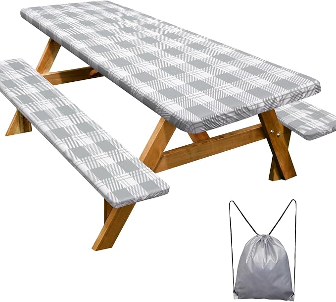 Play Tailor Picnic Table Cover with Bench Covers Camping Essentials Waterproof Windproof Camping Tablecloth with Drawstring Bag, Fitted Rectangle Tables and Seats, 96in, Grey Checkered