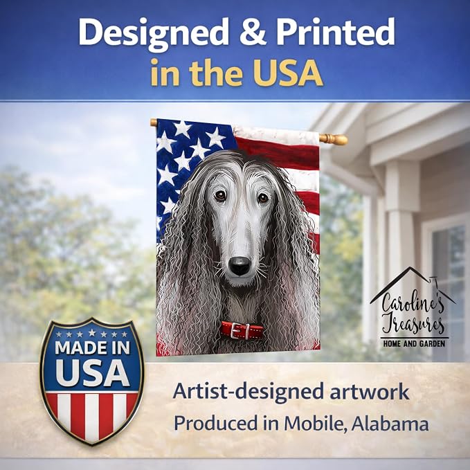 Caroline's Treasures CK6383CHF Afghan Hound American Flag House Flag Large Porch Sleeve Pole Decorative Outside Yard Banner Artwork Wall Hanging, Polyester, House Size, Multicolor