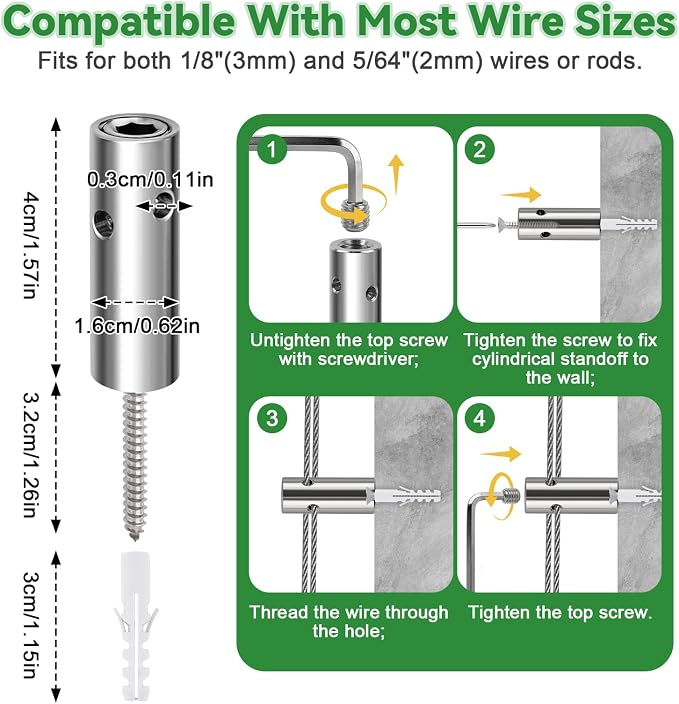 12PCS Wire Garden Trellis Kit, Kalolary T316 Stainless Steel Cylindrical Standoffs for 5/64"-1/8" Wire Rope & Rods, Wall Wire Trellis System for Climbing Plants DIY Outdoor Garden Vine Flower Wall