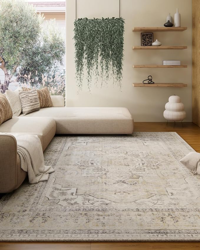 5x7 Area Rugs for Living Room: Machine Washable Area Rug Non Slip Low Pile Soft Faux Wool Non Shedding Vintage Boho Rug for Bedroom Entryway Dining Room Kitchen Nursery Farmhouse Home Office Indoor