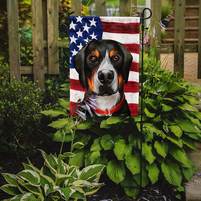 Caroline's Treasures CK6548GF Greater Swiss Mountain Dog American Flag Garden Flag Mailbox Flag Decorative Yard Flag Banner Outside Patio Artwork Yard Flower Beds, Garden Size, Multicolor