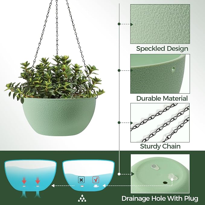 T4U 10 Inch Hanging Planters for Indoor Outdoor Plants, 2 Pack Plastic Hanging Planter, Indoor Hanging Plant Pots, Hanging Basket with Drainage Holes, Flower Pots for Garden Home Decor，Green