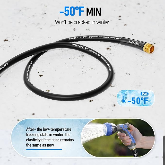 SPECILITE Retractable Hose Reel with 5/8'' Hot/Cold Garden Water Pipe 50ft, -50℉ -190℉, Heavy Duty Metal Wall Mount Spool, with 6ft Lead Hoses, Nozzle, 3/4'' Brass Fittings for Garage, Yard, Black