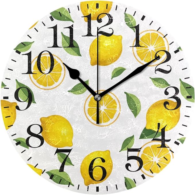 ALAZA Home Decor Summer Lemon Fruit Leaves 9.84 inch Round Acrylic Wall Clock Non Ticking Silent Clock Art for Living Room Kitchen Bedroom(Black Pointer)