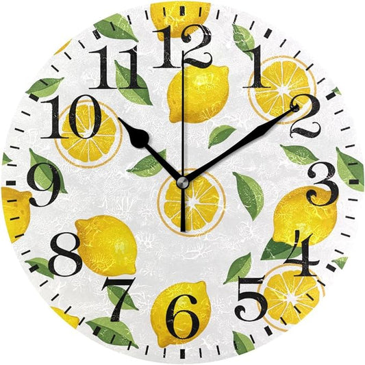 ALAZA Home Decor Summer Lemon Fruit Leaves 9.84 inch Round Acrylic Wall Clock Non Ticking Silent Clock Art for Living Room Kitchen Bedroom(Black Pointer)