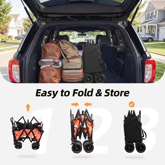 EchoSmile Collapsible Folding Wagon Cart with Compact Storage - 400Lbs Capacity All Terrain Utility Cart for Camping, Beach, Grocery, Garden,Orange
