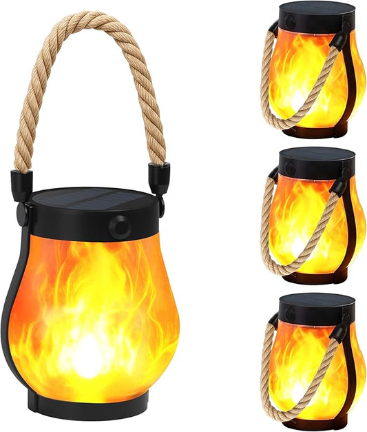 Solar Lanterns Outdoor 4-Pack with Ultra-Real Flame Lights, Dual Charging (USB/Solar), 2 Modes & Outdoor Waterproof Design — Decorative Hanging/Table Lights for Yard, Patio, Garden