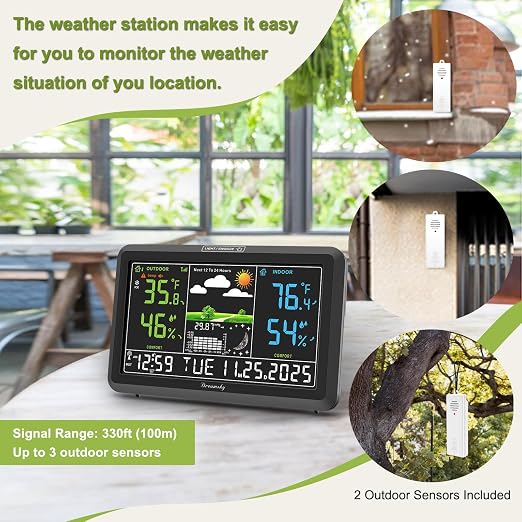 DreamSky Weather Station Indoor Outdoor Thermometer Wireless for Home | Digital Atomic Clock, Large Display with Dimmer, USB Port, Inside Outside Temperature Humidity Monitor (Plug-in)-2 Sensors